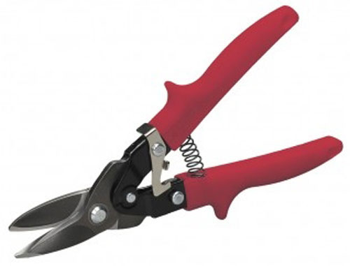 A pair of red-handled pruning shears with a spring mechanism and sharp metal blades.