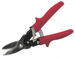 A pair of red-handled metal snips with a spring mechanism, designed for cutting various materials.