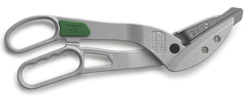 A pair of metallic pruning shears with a green grip, designed for cutting branches and stems.