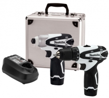 A set of two Makita power tools, including a cordless drill and an impact driver, with a battery charger and an aluminum carrying case.