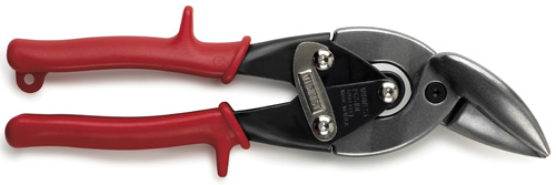 A pair of metal snips with red rubber grips, designed for cutting sheet metal and other materials.