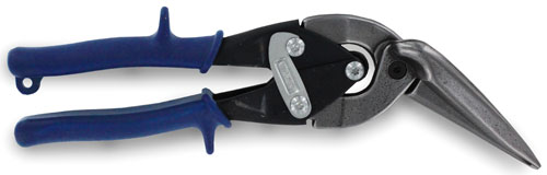 A pair of metal tin snips with blue rubber grips.