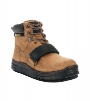 Brown work boot with black accents and a Velcro strap.