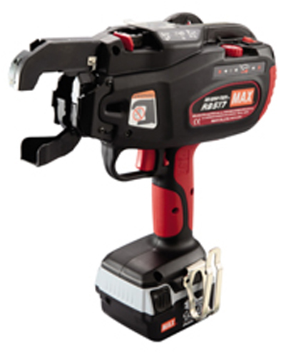 A battery-operated strapping tool with a black and red design, featuring a front claw mechanism for securing straps.