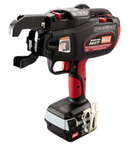 A cordless battery-powered fastening tool with a black and red design, featuring a handle and a front clamping mechanism.