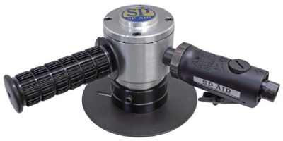 An air tool featuring a metallic body with a black rubber grip and a control handle, designed for precision use in various applications.