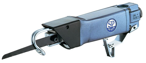 An air-powered reciprocating saw with a sleek design, featuring a blade extending from the front and a hook on the side.