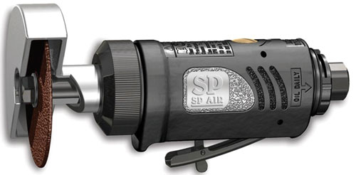 An SP Air pneumatic tool with a grinding disc attachment, designed for precision surface finishing.