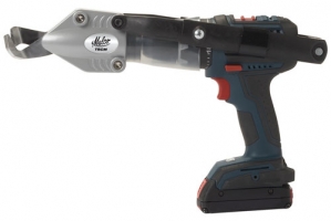 A cordless electric metal shear with a curved cutting head and ergonomic handle.