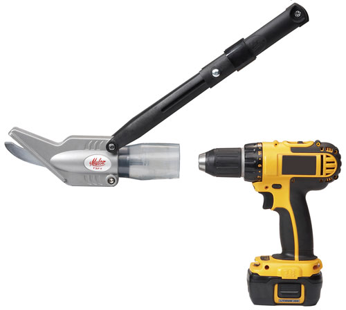 An image featuring a metal cutting tool and a cordless drill, showcasing their ergonomic designs and functionality.
