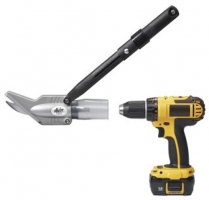 A metal cutting tool with a long handle and a cordless drill positioned next to it on a white background.
