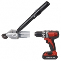 Image of a metal cutting tool on the left and a cordless drill on the right, showcasing two different types of power tools.