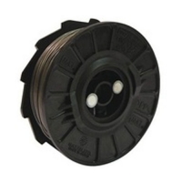 Black plastic spool with a winding of wire, used for holding or dispensing filament.