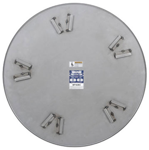 A round metal plate with multiple attachment points evenly spaced around the edge, featuring a central label with product information.