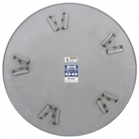 A round metal table with several fastening clips arranged around its edge.