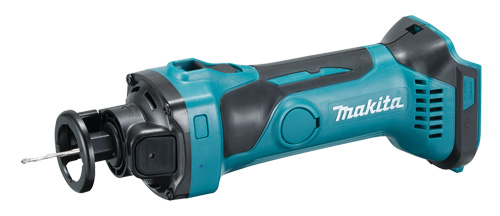 A Makita cordless tool featuring a blue and black design, designed for cutting and shaping materials, with a drill bit attached.