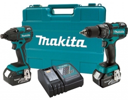 A Makita tool set featuring a cordless drill and impact driver, along with a charger, all housed in a sturdy carrying case.