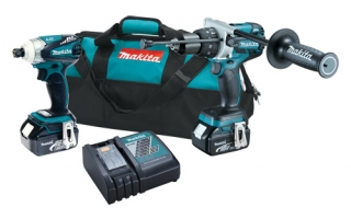 A set of Makita power tools including a cordless drill and impact driver, two battery packs, a charger, and a carrying bag.