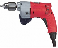 A red and gray electric drill with a metal chuck, showing the handle and power cord.
