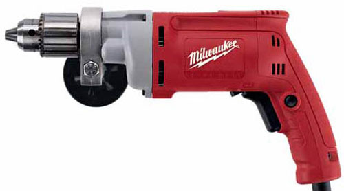 A Milwaukee electric drill with a red body, a metallic chuck, and ergonomic handle.