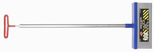 A long-handled tool with a rectangular, weighted head and a red T-shaped grip, typically used for snow removal or similar tasks.