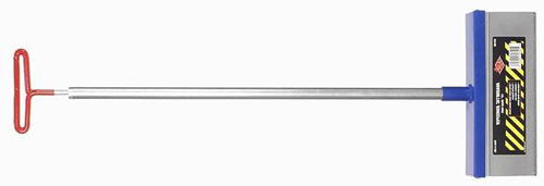 A metal tool with a long handle and a rectangular head, designed for snow removal, featuring a red handle and a blue-accented head with warning labels.