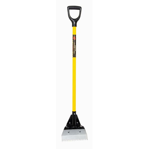 A tall garden spade with a yellow handle and a metal blade featuring serrated edges, designed for digging and planting.