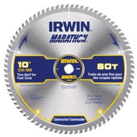 10-inch circular saw blade with 80 teeth, branded Irwin Marathon, designed for fast cuts.