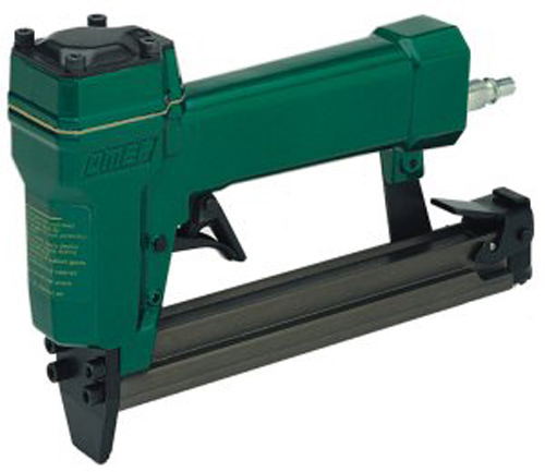 A green pneumatic nail gun with a black base, designed for fastening materials together.