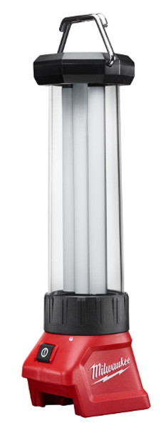 A Milwaukee portable LED lantern with a red base and clear cover, designed for bright lighting in outdoor or work settings.