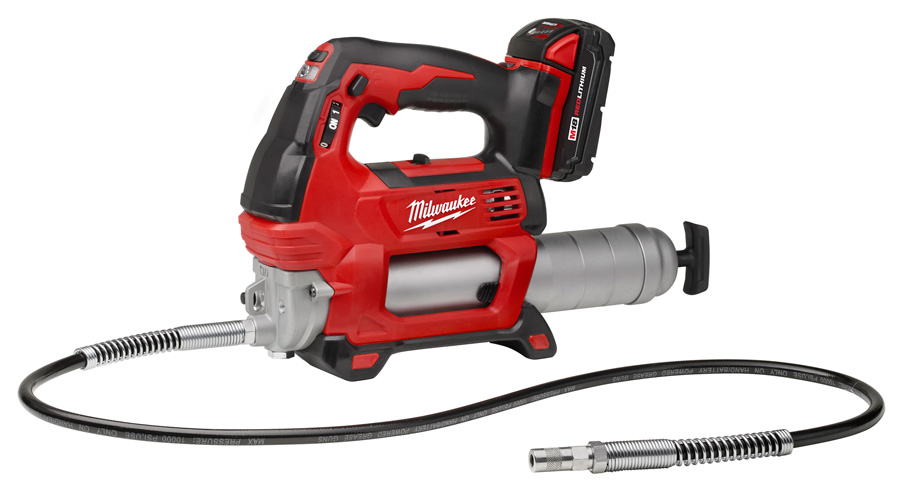 A Milwaukee cordless grease gun with a red and black design, featuring a trigger handle and flexible hose.
