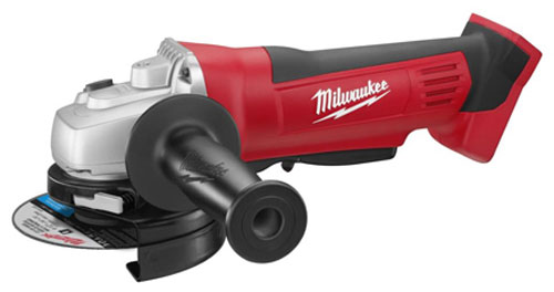 A close-up image of a Milwaukee brand cordless angle grinder featuring a red and black design, with an attached grinding disc.