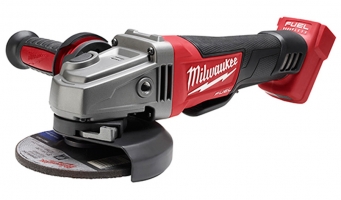 A Milwaukee Fuel angle grinder with a metal housing, ergonomic handle, and circular grinding disc.