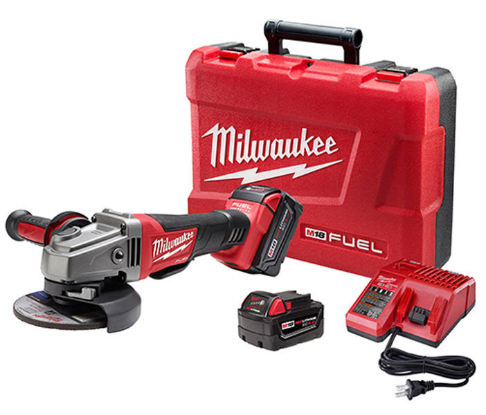 A Milwaukee M18 Fuel angle grinder kit featuring the grinder tool, a battery, a charger, and a carrying case.