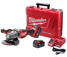 Milwaukee cordless angle grinder kit featuring a powerful grinder, battery, charger, and carrying case.