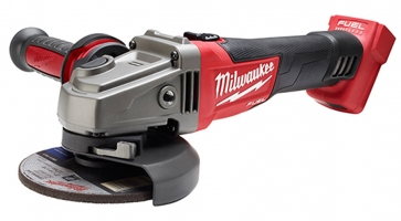 A Milwaukee FUEL cordless angle grinder with a red and black design, featuring a metal body and a circular grinding disc.