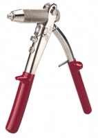 A metal hand tool with red rubber grips, used for crimping or fastening components.