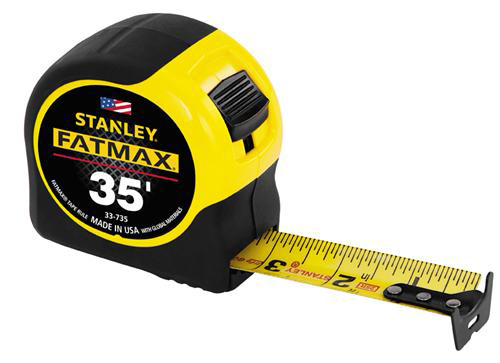 A Stanley FatMax tape measure featuring a black and yellow design with a length of 35 feet.