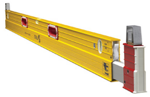 A long, yellow aluminum leveling beam with red end caps and measuring indicators.