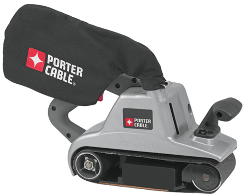 A Porter-Cable belt sander featuring a dust collection bag, designed for smoothing surfaces.