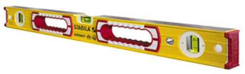 A yellow spirit level with red end caps, featuring three vials for measuring horizontal and vertical surfaces.
