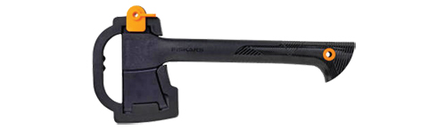 A black and orange axe with a modern design, featuring a comfortable grip and a protective feature on the head.