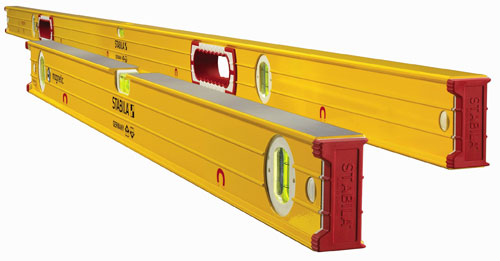 Two yellow spirit levels with bubble vials for measuring horizontal and vertical alignment.