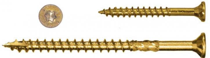 Two gold-colored screws of different lengths and a matching star-shaped screw head.