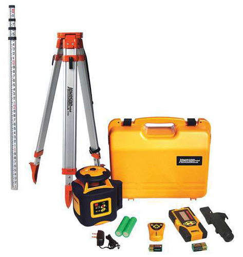 A set of surveying equipment including a leveling rod, tripod, laser level, batteries, and a carrying case, all featuring the Johnson brand.