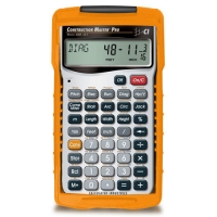 A construction calculator with an orange protective case, displaying a measurement reading on its screen.
