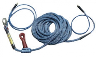 A blue safety harness rope with two attachment ends, designed for climbing or industrial use.
