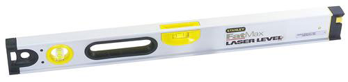 A Stanley FatMax laser level featuring a yellow and silver design with a bubble vial and laser projection window.