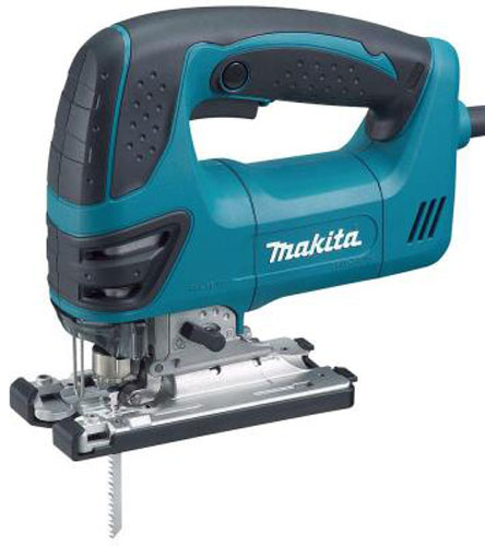Close-up view of a Makita jigsaw with a teal and black handle, featuring a cutting blade and metal base.