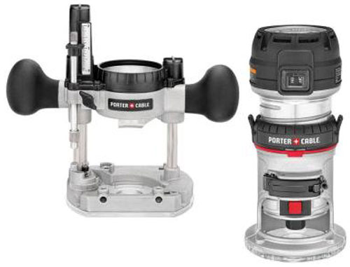 A Porter-Cable router and plunge base assembly, showcasing ergonomic grips and adjustable components for woodworking.